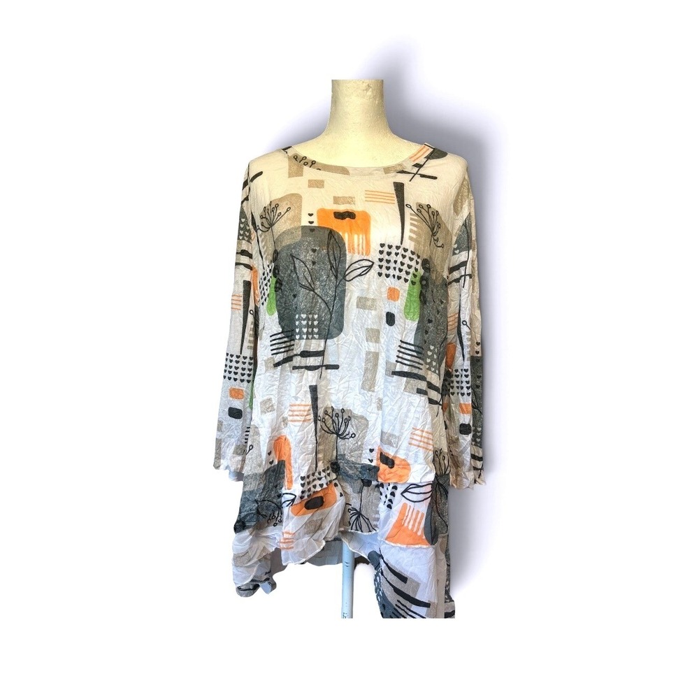 Shana Womens XL Abstract Botanical Print Textured Knit Lagenlook Tunic Top Multi